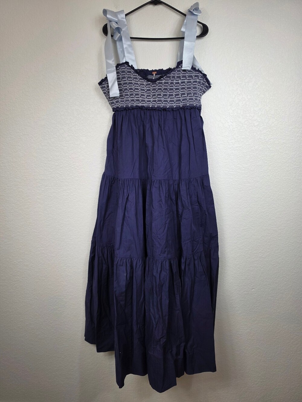 Free People Navy Blue Cotton Maxi Dress with Ribbons